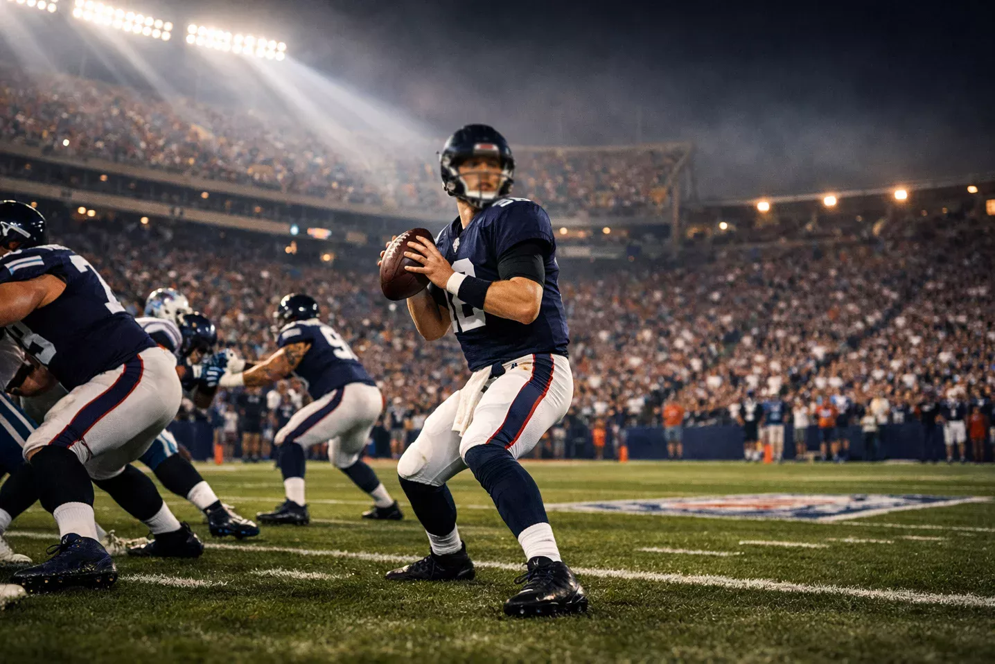 NFL Sportwetten Deutschland – Spieler auf dem Football-Feld unter Flutlicht