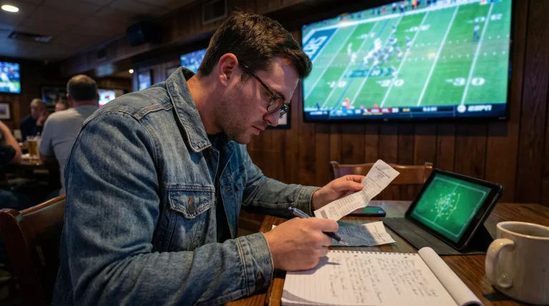 NFL-Wettarten erklärt – Spieler analysiert Wettschein mit Spread, Moneyline und Over/Under vor einem Football-Feld