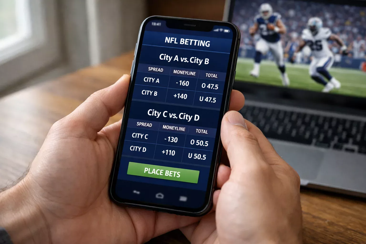 NFL-Wettarten im Überblick – Wettschein mit Spread- und Moneyline-Optionen auf einem Bildschirm