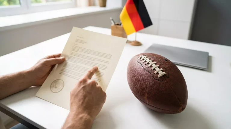 NFL Wetten legal in Deutschland – Person prüft Lizenz-Dokument neben einem Football auf dem Schreibtisch