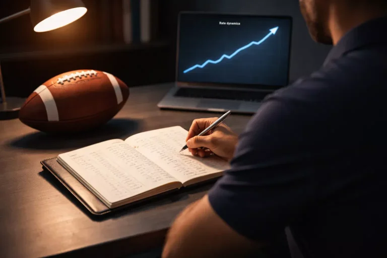 NFL-Wettstrategie – Sportanalyst studiert NFL-Statistiken und Notizen am Schreibtisch